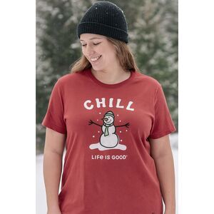 Life Is Good CHILL Snowman Graphic T-Shirt Women’s XL Red Winter Holiday Tee #F